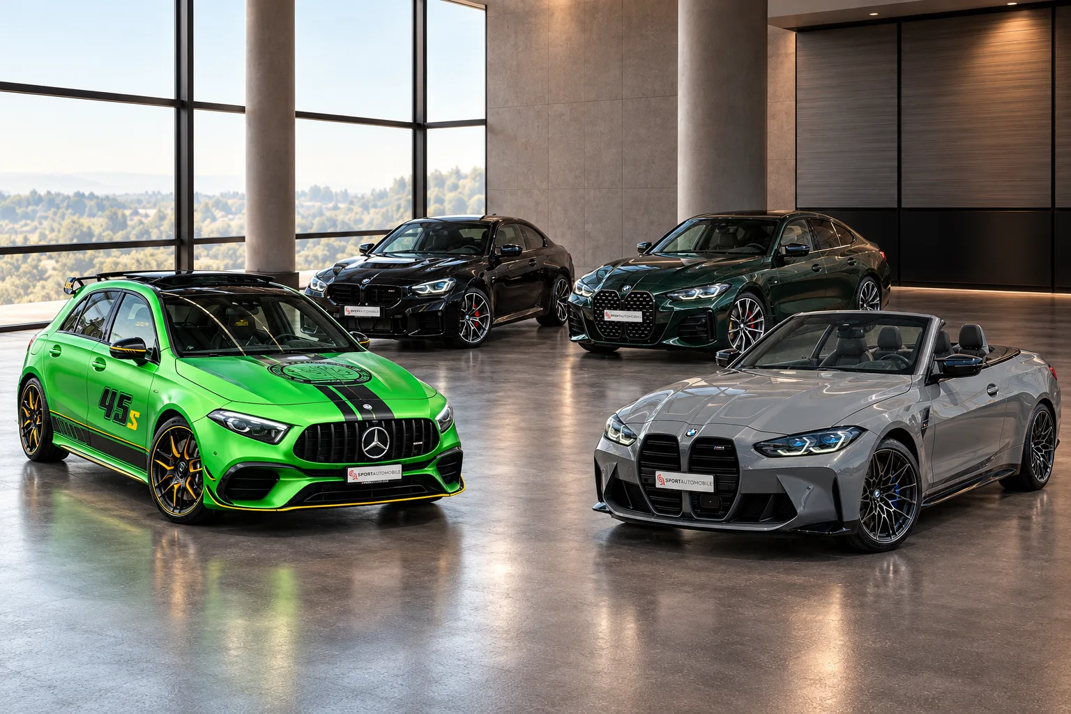Vier Premiumfahrzeuge im modernen Showroom