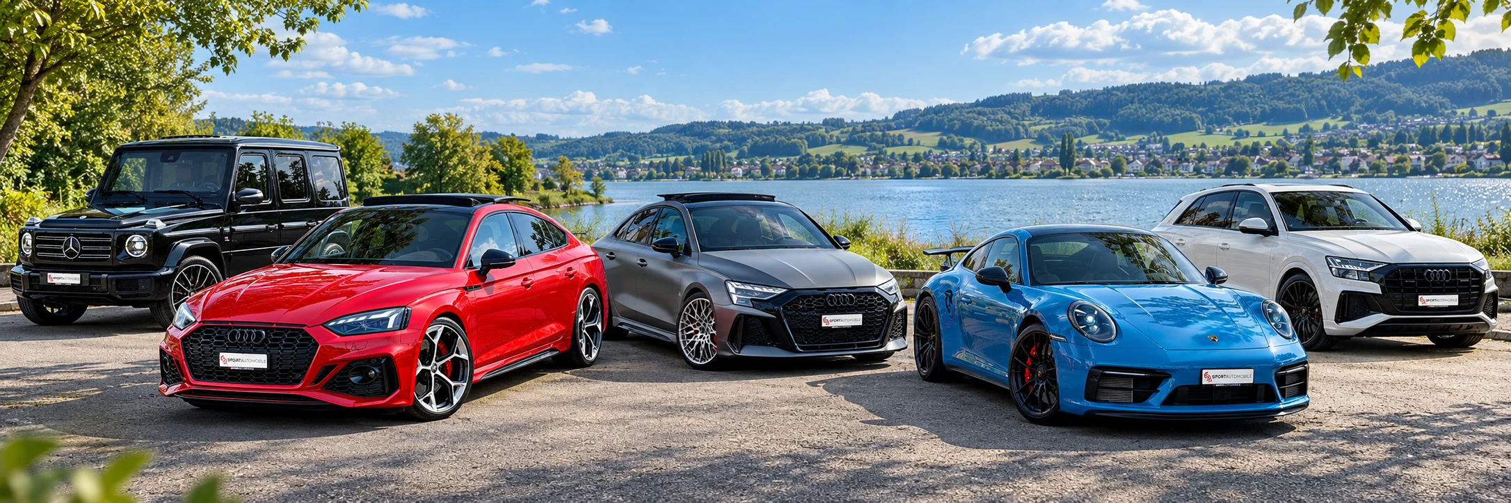 Fünf Sportwagen am Schweizer See
